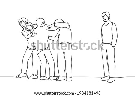 crowd of fighting men - one line drawing. enraged bunch of men pushing each other and a man is standing next to him with a smile