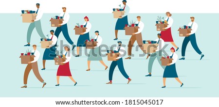 Crowd of Fired sad people carrying a boxes with office belongings. Crisis, dismissal, unemployment, jobless and employee job reduction due to corona crisis concept. Flat vector illustration. 