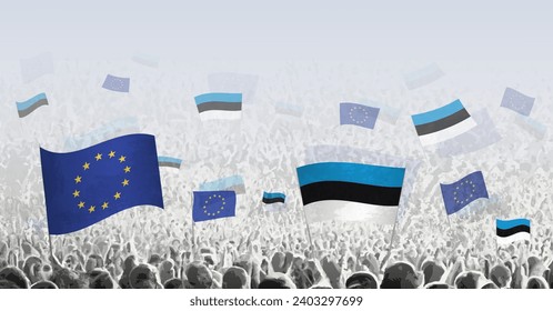 Multitud con bandera de la Unión Europea y Estonia, personas de Estonia con bandera de la Unión Europea. Ilustración vectorial.