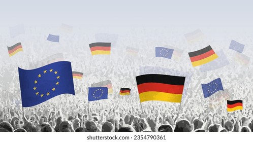 Menschenmenge unter der Flagge der Europäischen Union und Deutschlands, Menschen unter der Flagge der EU. Vektorgrafik.