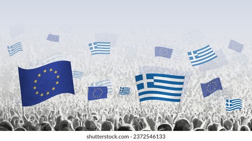 Crowd with flag of European Union and Greece, people of Greece with flag of EU. Vector illustration.