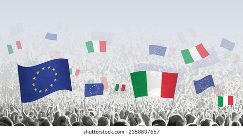 Crowd with flag of European Union and Italy, people of Italy with flag of EU. Vector illustration.