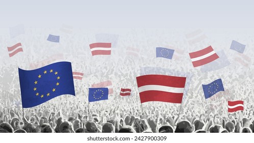 Crowd with flag of European Union and Latvia, people of Latvia with flag of EU. Vector illustration.