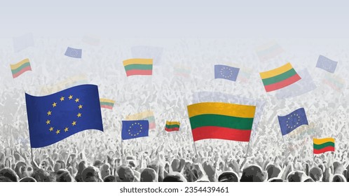 Crowd with flag of European Union and Lithuania, people of Lithuania with flag of EU. Vector illustration.