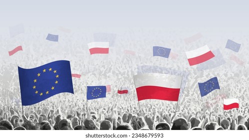 Multitud con bandera de la Unión Europea y Polonia, gente de Polonia con bandera de la Unión Europea. Ilustración vectorial.