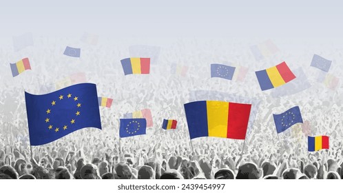 Multitud con bandera de la Unión Europea y Rumania, pueblo de Rumania con bandera de la Unión Europea. Ilustración vectorial.