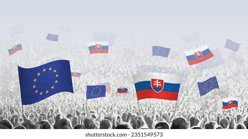 Multitud con bandera de la Unión Europea y Eslovaquia, gente de Eslovaquia con bandera de la Unión Europea. Ilustración vectorial.