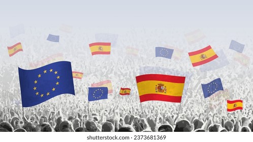 Crowd with flag of European Union and Spain, people of Spain with flag of EU. Vector illustration.