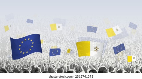 Menschenmenge mit der Flagge der Europäischen Union und Vatikanstadt, Menschen der Vatikanstadt mit der Flagge der EU. Vektorgrafik.