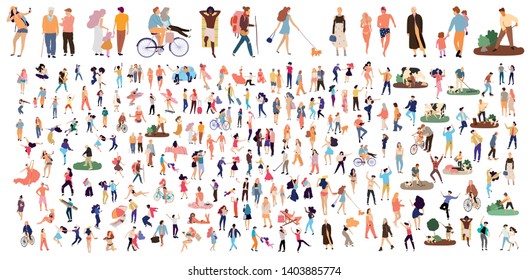 Crowd of flat illustrated people. Dancing, surfing, traveling, walking, working, playing people set. Vector big set