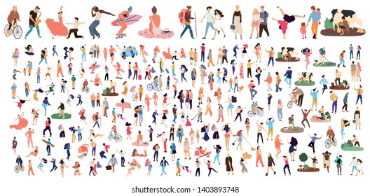 Crowd of flat illustrated people. Dancing, surfing, traveling, walking, working, playing people set. Vector big set