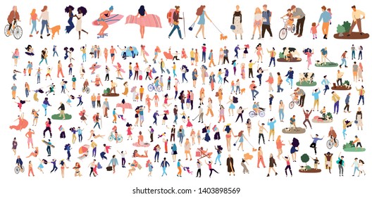 Crowd of flat illustrated people. Dancing, surfing, traveling, walking, working, playing people set. Vector big set