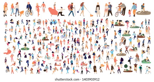 Crowd of flat illustrated people. Dancing, surfing, traveling, walking, working, playing people set. Vector big set