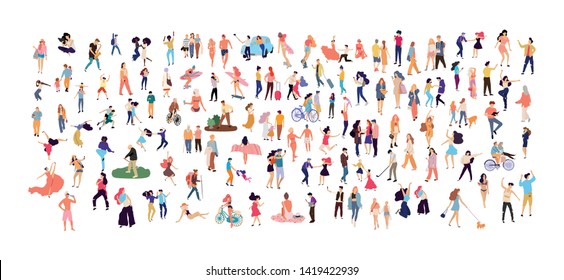 Crowd of flat illustrated people. Dancing, surfing, traveling, walking, working, playing people set. Vector big set