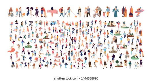 Crowd of flat illustrated people. Dancing, surfing, traveling, walking, working, playing, fashion people set. Vector big set