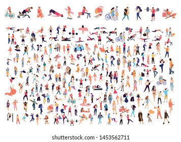 Crowd of flat illustrated people. Dancing, surfing, traveling, walking, working, playing, doing sport, fashion people set. Vector big set