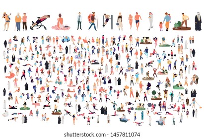 Crowd of flat illustrated people. Dancing, surfing, traveling, walking, working, playing, doing sport, fashion people, Arab, couple , doctors set. Vector big set