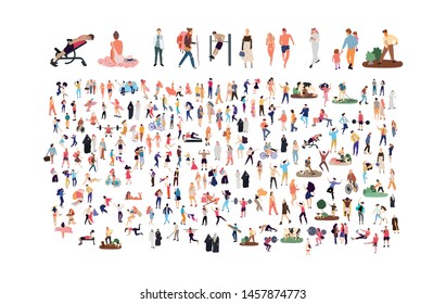 Crowd of flat illustrated people. Dancing, surfing, traveling, walking, working, playing, doing sport, fashion people, Arab, couple , doctors set. Vector big set