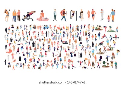 Crowd of flat illustrated people. Dancing, surfing, traveling, walking, working, playing, doing sport, fashion people, Arab, couple , doctors set. Vector big set