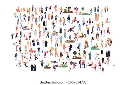 Crowd Of Flat Illustrated People. Dancing, Surfing, Traveling, Walking, Working, Playing, Doing Sport, Fashion People, Arab, Couple , Doctors Set. Vector Big Set