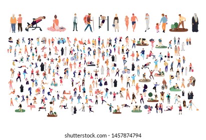 Crowd of flat illustrated people. Dancing, surfing, traveling, walking, working, playing, doing sport, fashion people, Arab, couple , doctors set. Vector big set