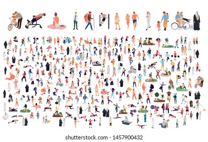 Crowd of flat illustrated people. Dancing, surfing, traveling, walking, working, playing, doing sport, fashion people, Arab, couple , doctors set. Vector big set