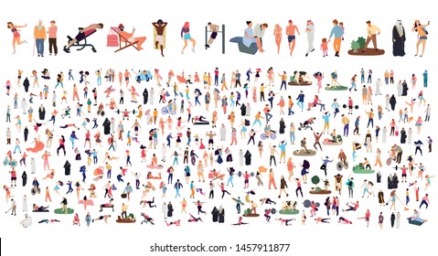 Crowd of flat illustrated people. Dancing, surfing, traveling, walking, working, playing, doing sport, fashion people, Arab, couple , doctors set. Vector big set