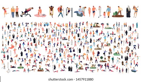 Crowd of flat illustrated people. Dancing, surfing, traveling, walking, working, playing, doing sport, fashion people, Arab, couple , doctors set. Vector big set