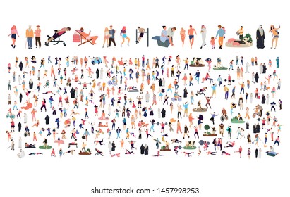 Crowd of flat illustrated people. Dancing, surfing, traveling, walking, working, playing, doing sport, fashion people, Arab, couple , doctors set. Vector big set