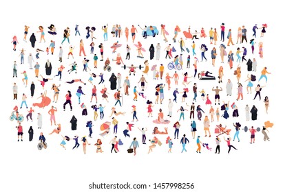 Crowd of flat illustrated people. Dancing, surfing, traveling, walking, working, playing, doing sport, fashion people, Arab, couple , doctors set. Vector big set