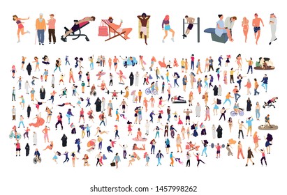 Crowd of flat illustrated people. Dancing, surfing, traveling, walking, working, playing, doing sport, fashion people, Arab, couple , doctors set. Vector big set