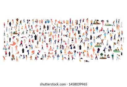 Crowd of flat illustrated people. Dancing, surfing, traveling, walking, working, playing, doing sport, fashion people, Arab, couple , doctors set. Vector big set