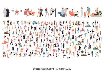 Crowd of flat illustrated people. Dancing, surfing, traveling, walking, working, playing, doing sport, fashion people, Arab, couple , doctors set. Vector big set