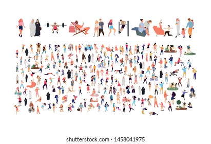 Crowd of flat illustrated people. Dancing, surfing, traveling, walking, working, playing, doing sport, fashion people, Arab, couple , doctors set. Vector big set