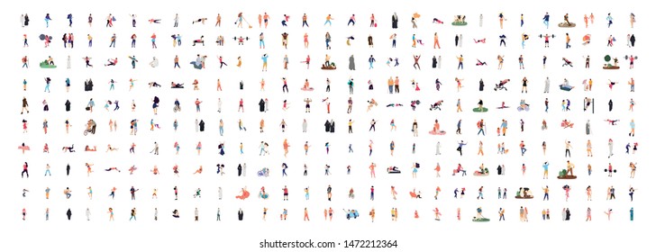 Crowd of flat illustrated people. Dancing, surfing, traveling, walking, working, playing people set. Vector big set