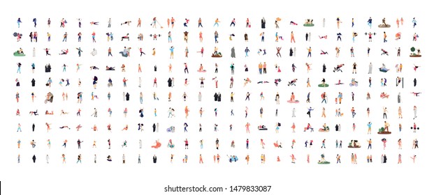 Crowd of flat illustrated people. Dancing, surfing, traveling, walking, working, playing people set. Vector big set