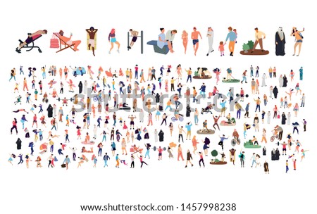Crowd of flat illustrated people. Dancing, surfing, traveling, walking, working, playing, doing sport, fashion people, Arab, couple , doctors set. Vector big set