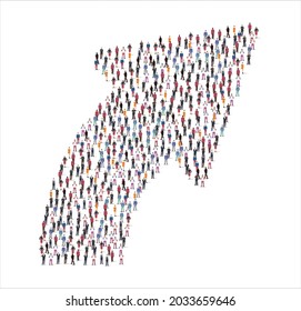 Crowd of flat illustration people forming the arrow pointing left symbol on white background. Vector illustration