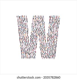 Crowd of flat illustration people forming the consonant letter W symbol on white background. Vector illustration