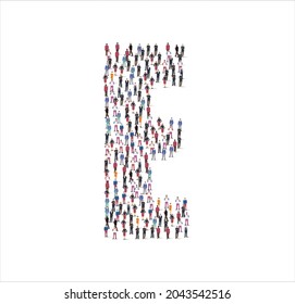 Crowd of flat illustration people forming the consonant letter E symbol on white background. Vector illustration