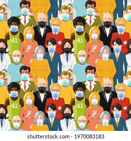 Crowd of flat people wear masks to protect from COVID seamless pattern