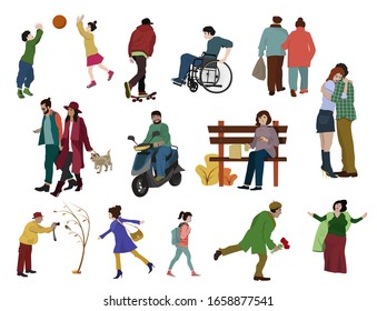 Crowd of flat vector illustrated people. Walks, games, sports, fashionable people, couple, teenagers, disabled person. A large number of active men and women engaged in various activities.