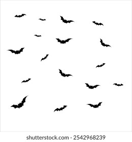 Multitud de murciélagos voladores. Clipart de Halloween. Siluetas negras de murciélagos sobre fondo blanco.