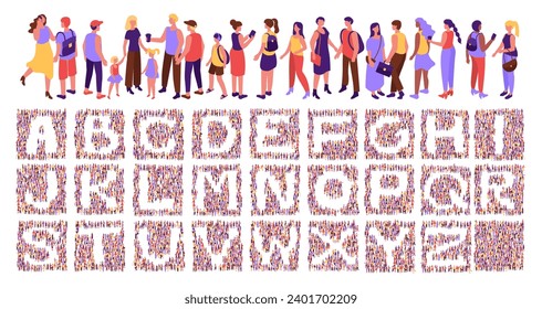 Crowd font. Social typography with isometric top view citizens. Community of people with alphabet letters in negative space vector set of typography font crowd design illustration