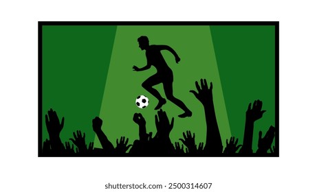 A crowd of football fans, depicted in a flat vector style, with football players shown on TV	