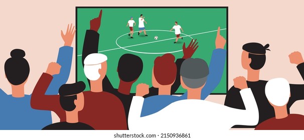 Multitud de hinchas de fútbol. Ilustración plana vectorial con futbolistas en TV. Emociones de la audiencia. Concepto de la Copa Mundial. Gente con la espalda