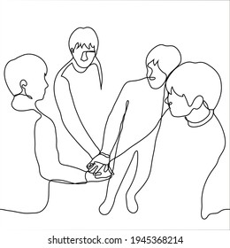 multitud de cuatro tipos que juntaron sus manos - un dibujo de una línea. Compañía de amigos (socios, colegas, jugadores, participantes) uniendo sus manos