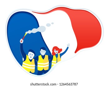 Crowd of French in the yellow vests. Old man, young male and woman are calling for a protest. Flat characters are inside of abstract background which symbolizing a flag of France. Modern liquid shapes