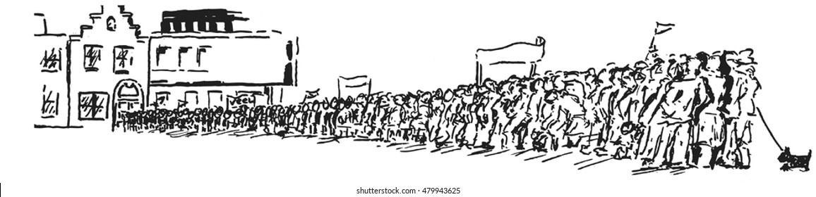 crowd in front of housing block with banners and flags
crowd queuing in front of a housing block with banners and flags waiting to get in the last person in line is leading a dog on a leash