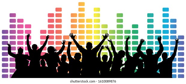 Crowd of fun people. Cheerful youth. Party, festival, disco, dancing. Equalizer music, background. Vector illustration